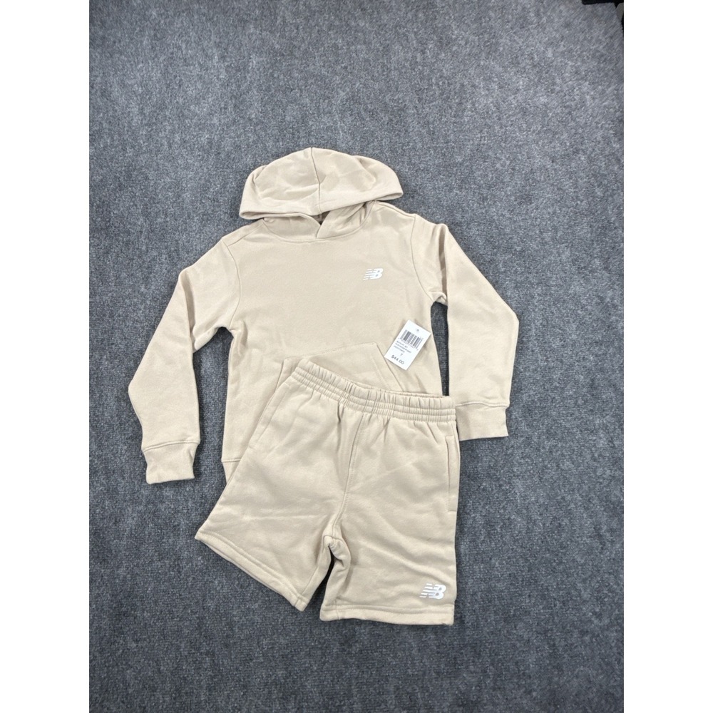 New Balance Boys Size 7 Beige 2PC Athletic Fleece‎ NB Logo Hoodie Short Set NWT